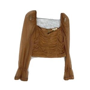 Chocolate USA Womens Size L Brown Crop top Mesh Long Sleeve Ruched NWT
